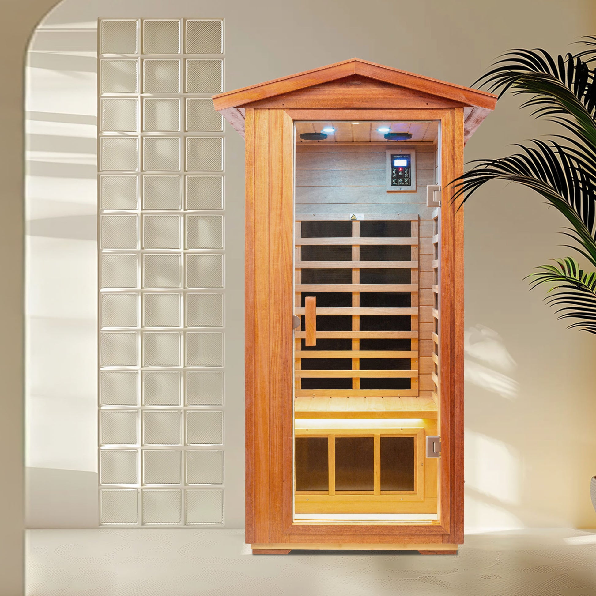 Outdoor Khaya Wood One Person Far Infrared Sauna Room Natural Wood Metal & Wood