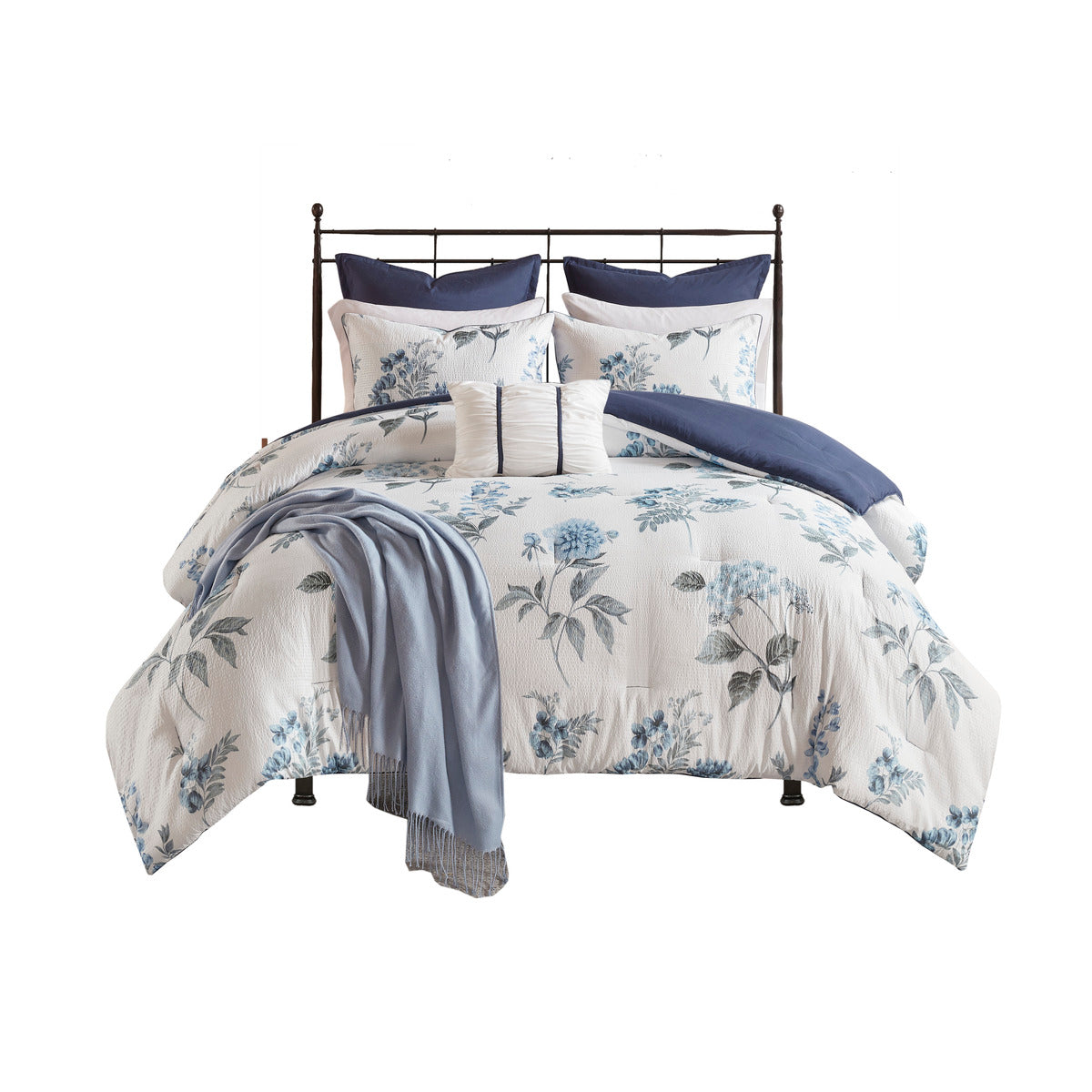 7 Piece Printed Seersucker Comforter Set With Throw Blanket Blue King Cal King King Blue Microfiber
