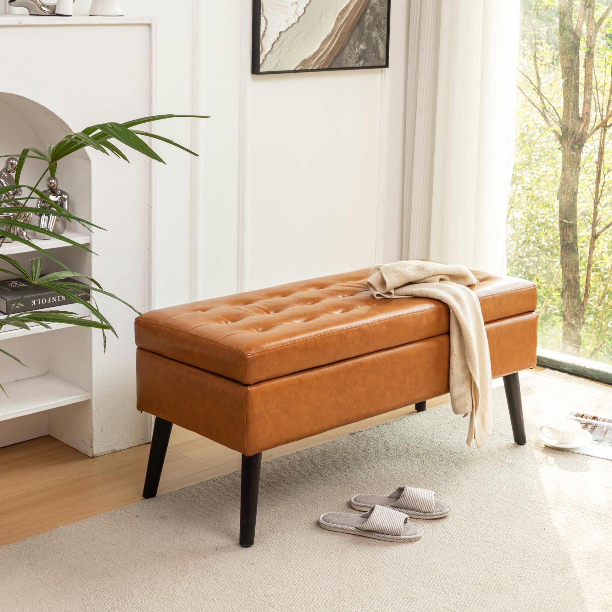 Storage Bench With Storage Bench For Bedroom End Of Bed Bench Foot Of Bed Bench Entryway Bench Storage Ottoman Bench 43.3" W X 17.7" Brown Leather Bench Brown Pu Leather