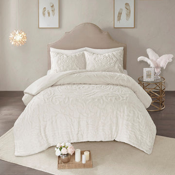 3 Piece Tufted Cotton Chenille Medallion Comforter Set Off White Full Queen Full Off White Cotton