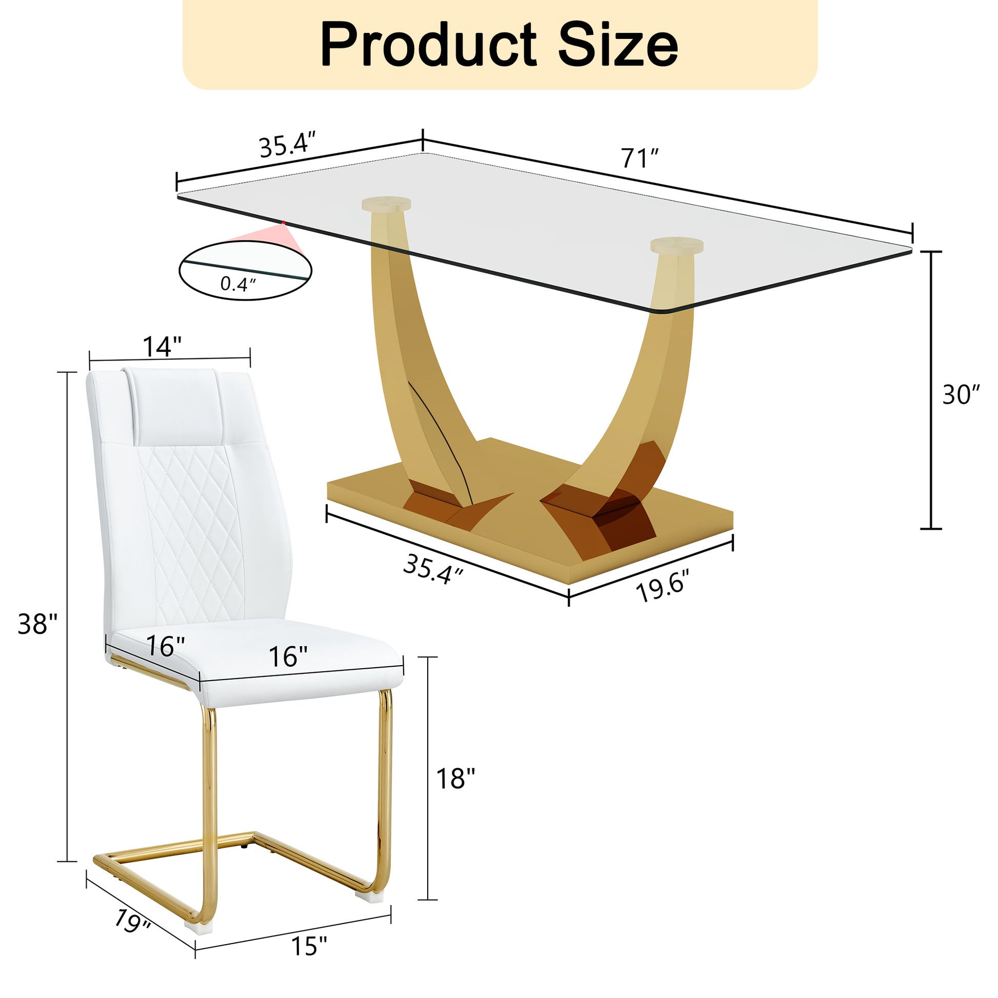 Table And Chair Set.Modern Rectangular Dining Table With Transparent Tempered Glass Tabletop And Gold Plated Metal Legs.Paried With 8 Comfortable Chairs With Pu Seats And Golden Metal Legs. Transparent,White Gold Seats 8 Glass Metal