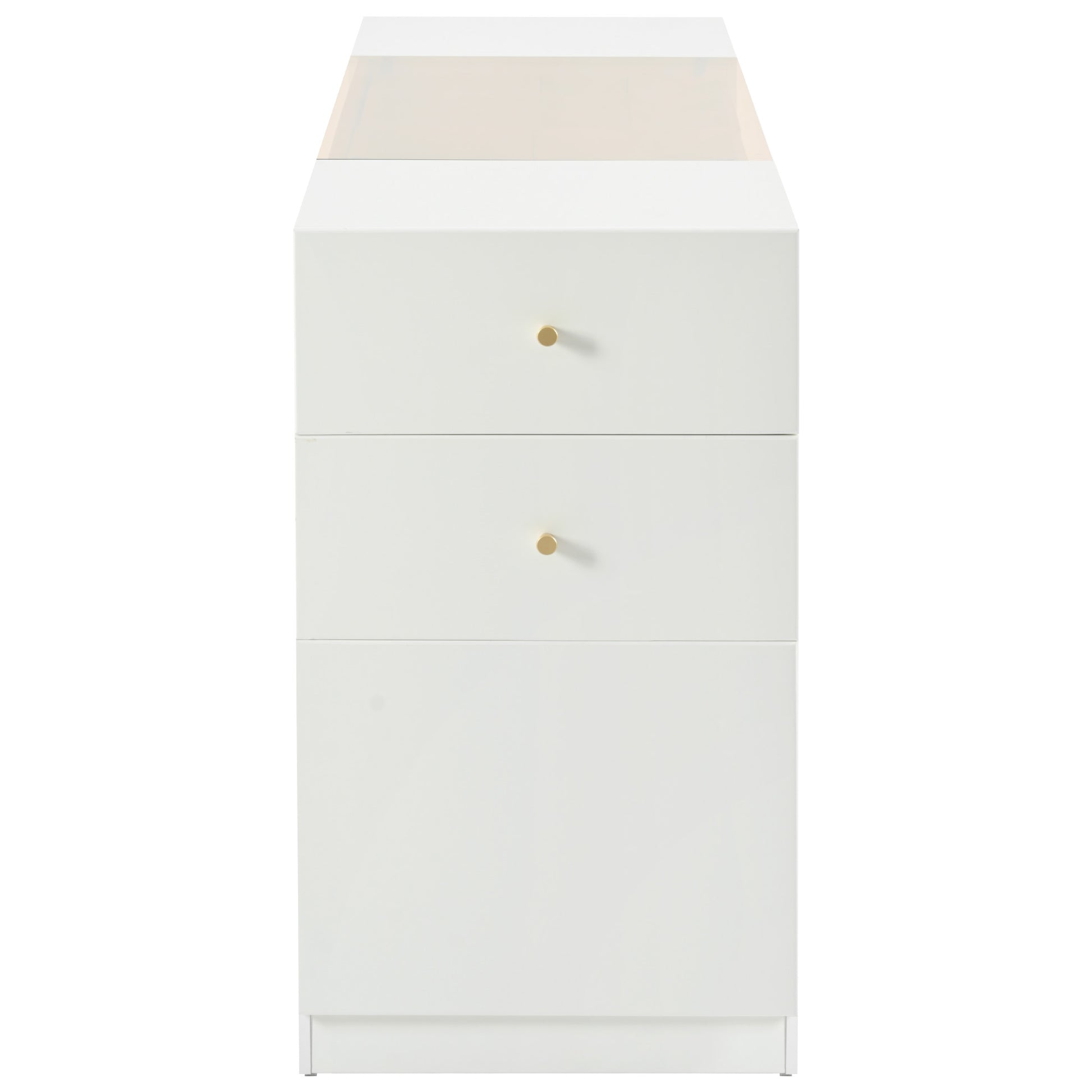 Modern Luxury Multi Functional Island Vanity Dresser And Storage Cabinet With Glass Tabletop, Display Shelf,6 Drawers For Walk In Wardrobe And Bedroom Cream White Mdf Glass