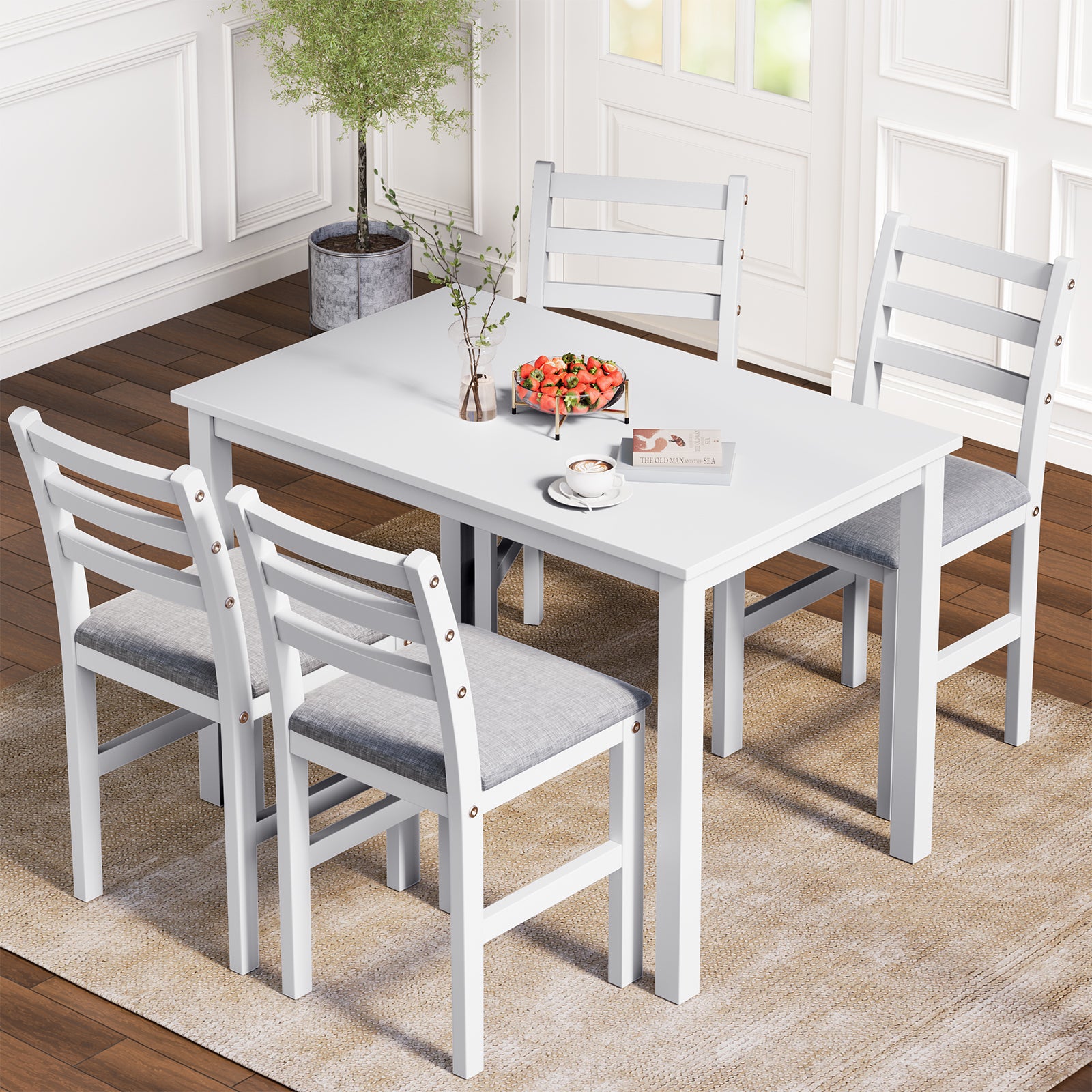 5Pcs Stylish Dining Table Set 4 Upholstered Chairs With Ladder Back Design For Dining Room Kitchen Gray Cushion White Antique White Rubber Wood