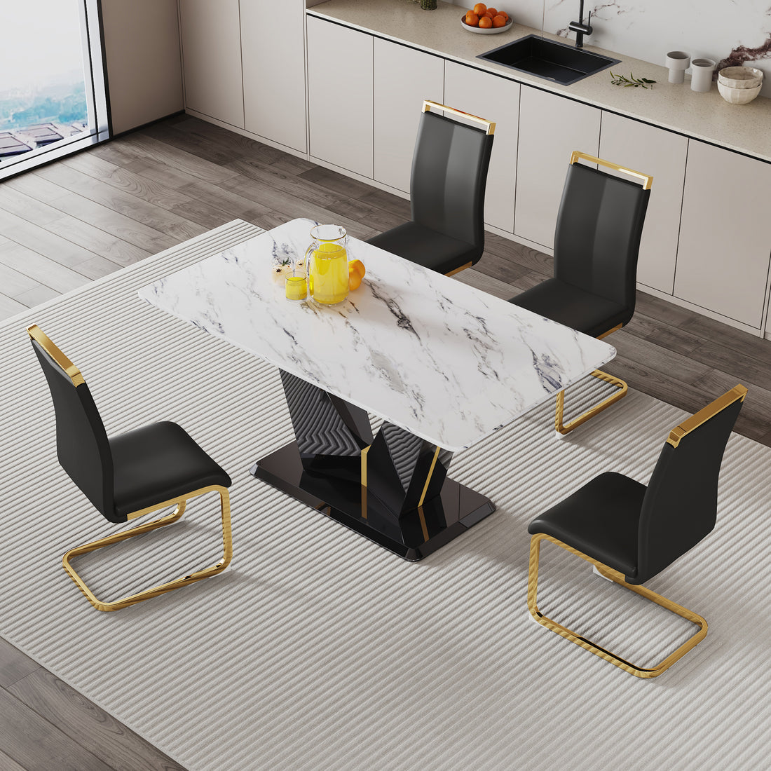 Table And Chair Set, White Imitation Marble Texture Glass Tabletop, Black Mdf Table Legs, Stable And Beautiful. Modern Simple Dining Table, Comfortable Seating. White Black Seats 4 Mdf Glass