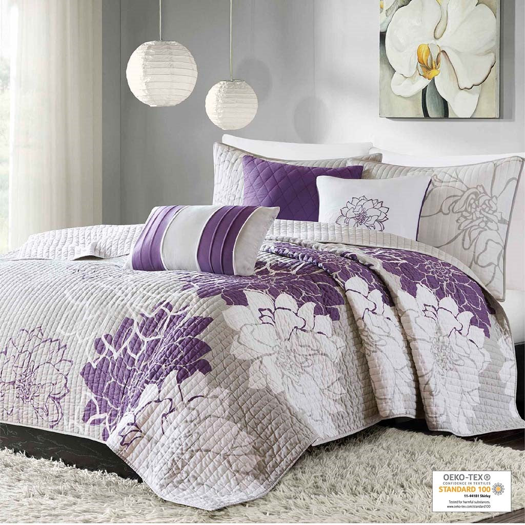 6 Piece Printed Cotton Quilt Set With Throw Pillows Taupe Grey Purple Full Queen Full Purple Cotton