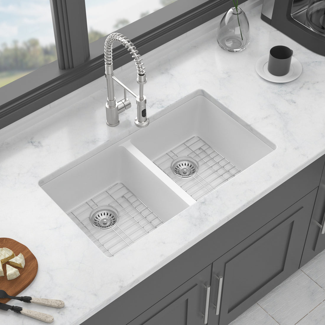 Quartz Kitchen Sink 33X19" White Granite Composite Undermount Kitchen Sink Double Bowl 50 50 White Quartz