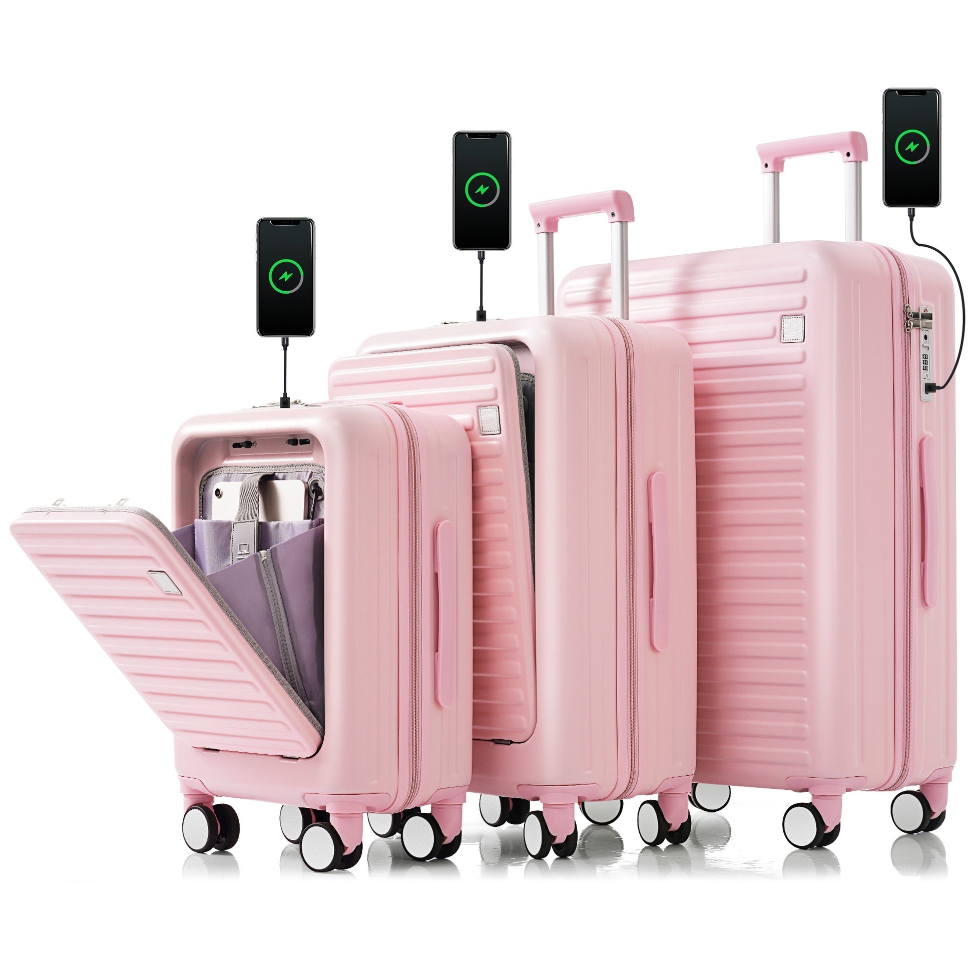 Luggage Set Of 3, 20, 24, 28Inch With Usb Port, 20, 24Inch With Front