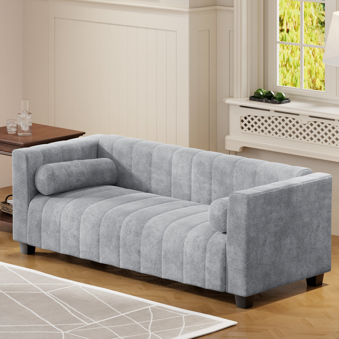 78.7''Upholstered Sofa For Living Room, Bedroom, Salon, Simplified Style Light Gray Polyester 3 Seat