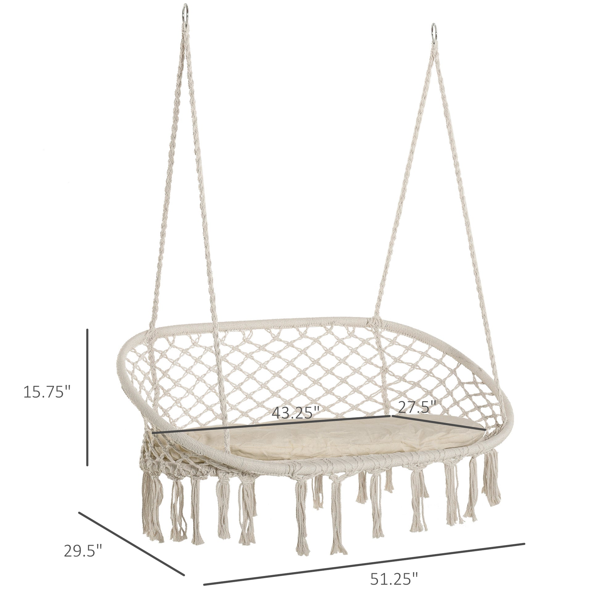 Outsunny 2 Person Hammock Chair Macrame Swing With Soft Cushion, Hanging Cotton Rope Chair For Indoor Outdoor Home Patio Backyard, White White Steel