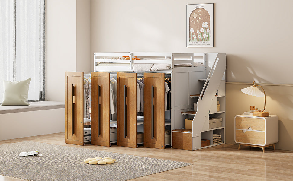Modern Loft Bed With Two Tone Storage Stairs And Pull Out Wardrobes, White Twin White Solid Wood Mdf