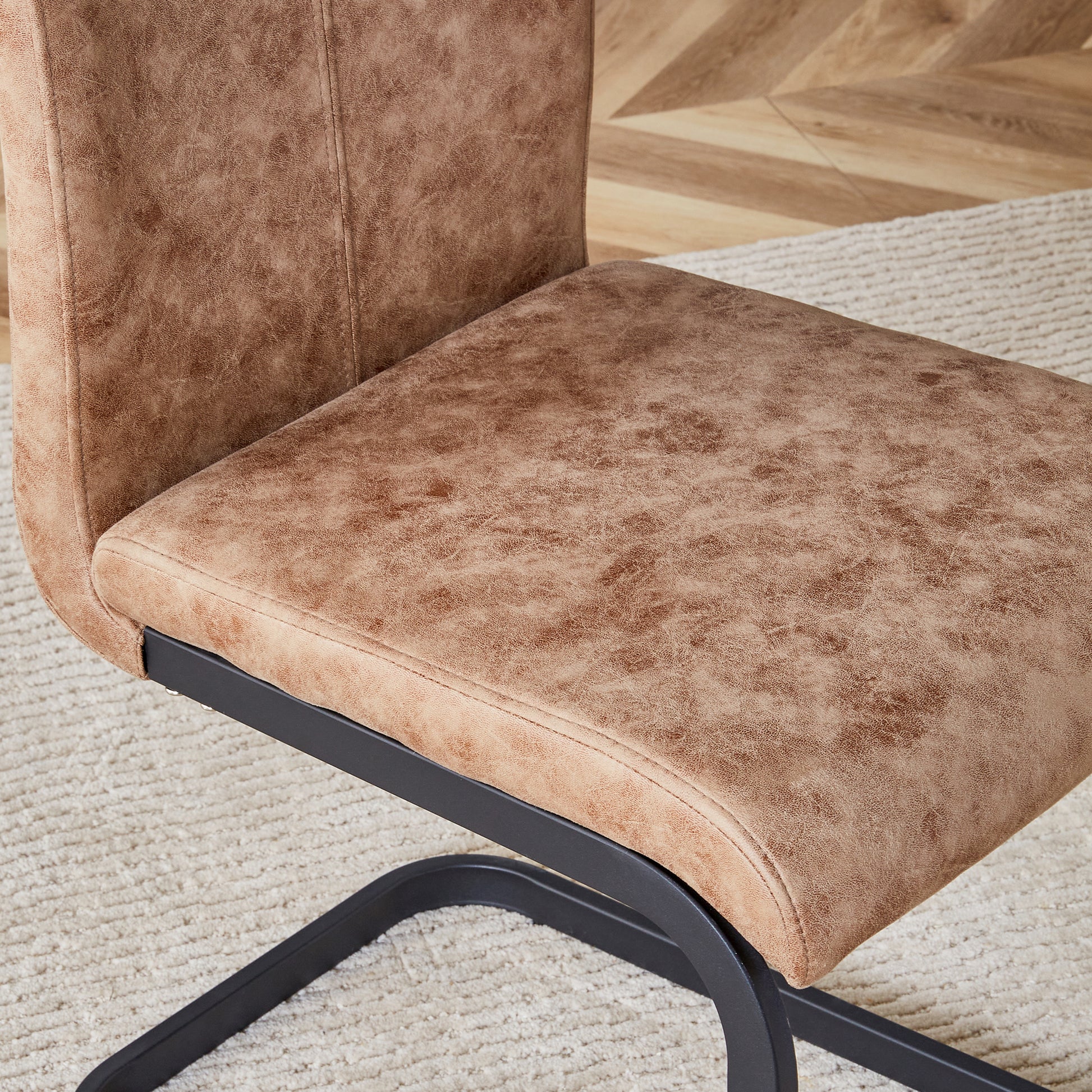 Table And Chair Set.Modern Dining Table, Tempered Glass Countertop With Artistic Mdf Legs.Paried With 6 Comfortable Chairs With Pu Seats And Metal Legs. Suitable For Various Decoration Styles. Black Brown,Transparent Seats 6 Mdf Metal