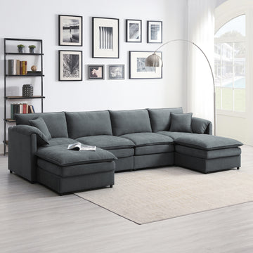 134*66" Chenille Modular Sectional Sofa,U Shaped Cloud Couch Set With Double Cushions ,6 Seat Sleeper Sofa Bed With Ottomans,Oversized Indoor Furniture For Living Room, 3 Colors Dark Gray Chenille 6