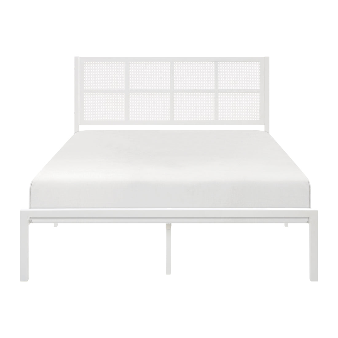 1Pc Full Platform Bed, Metal Frame White Finish Faux Cane Panel Headboard Casual Coastal Bedroom Furniture, Bed In A Box Box Spring Not Required Full White Metal Bedroom Casual,Coastal Metal