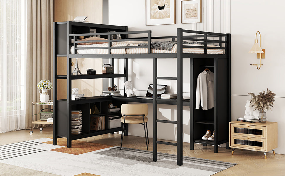 Metal Loft Bed With Wardrobe And L Shaped Desk, Full Size Loft Bed With Storage Cubes And Shelves, Heavy Duty Loft Bed For Kids Teens Adults, Black Full Black Metal