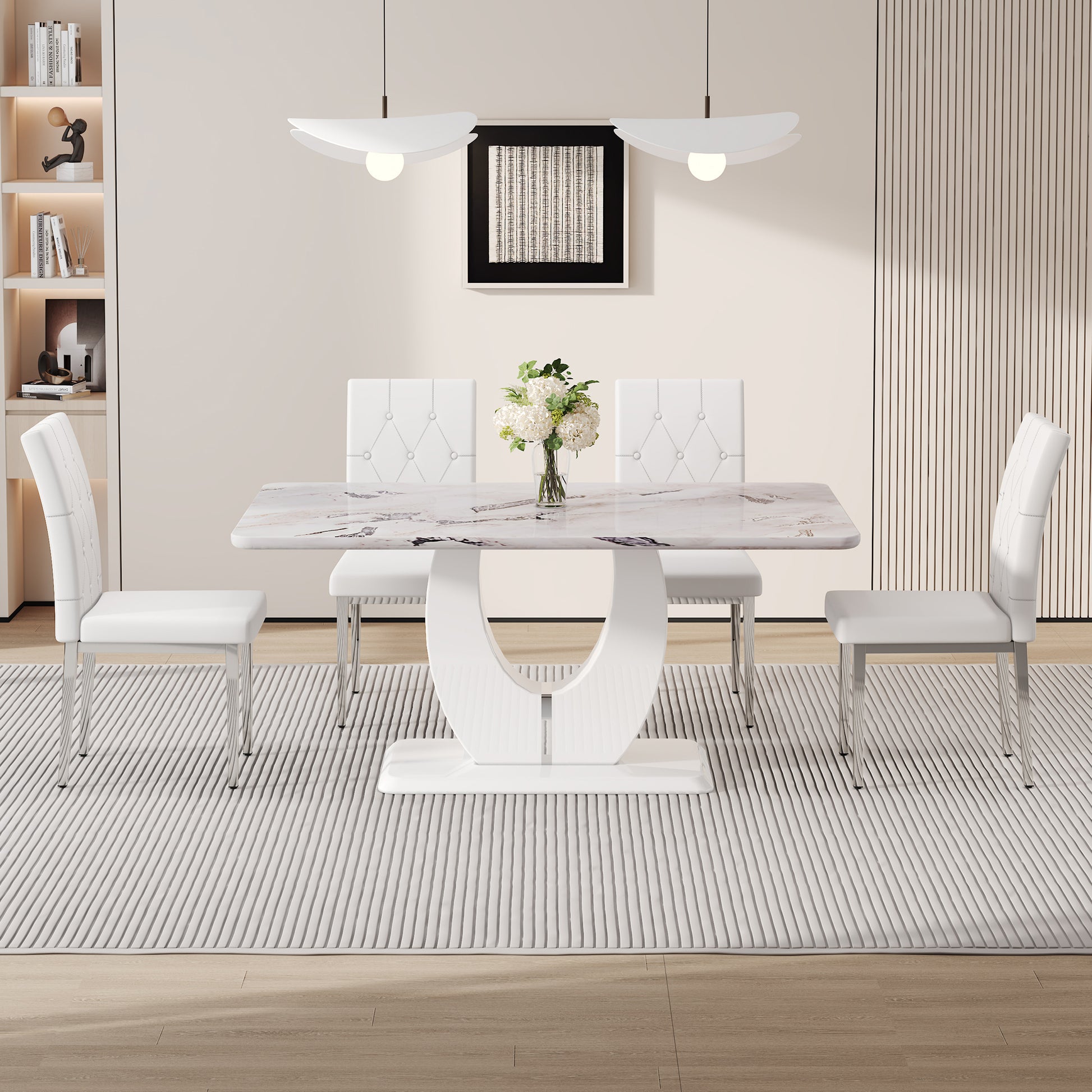 Table And Chair Set, Modern Minimalist White Marble Textured Rectangular Dining Table. Suitable For Restaurants And Living Rooms. Soft Cushion Seats.F 1280 White Mdf