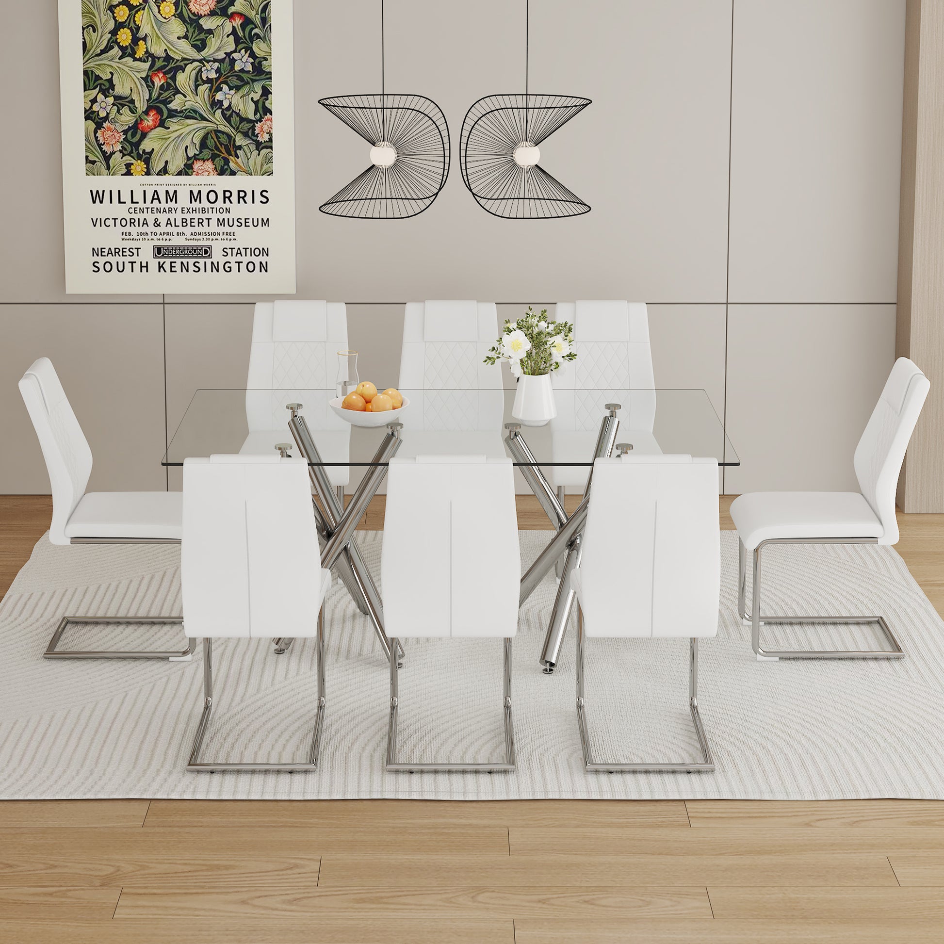 Table And Chair Set.Large Minimalist Rectangular Glass Dining Table For 6 8 With 0.39" Tempered Glass Tabletop And Silver Chrome Metal Legs.Paried With Comfortable Chairs With Pu Seats And Metal Legs. Silver Seats 8 Glass Metal