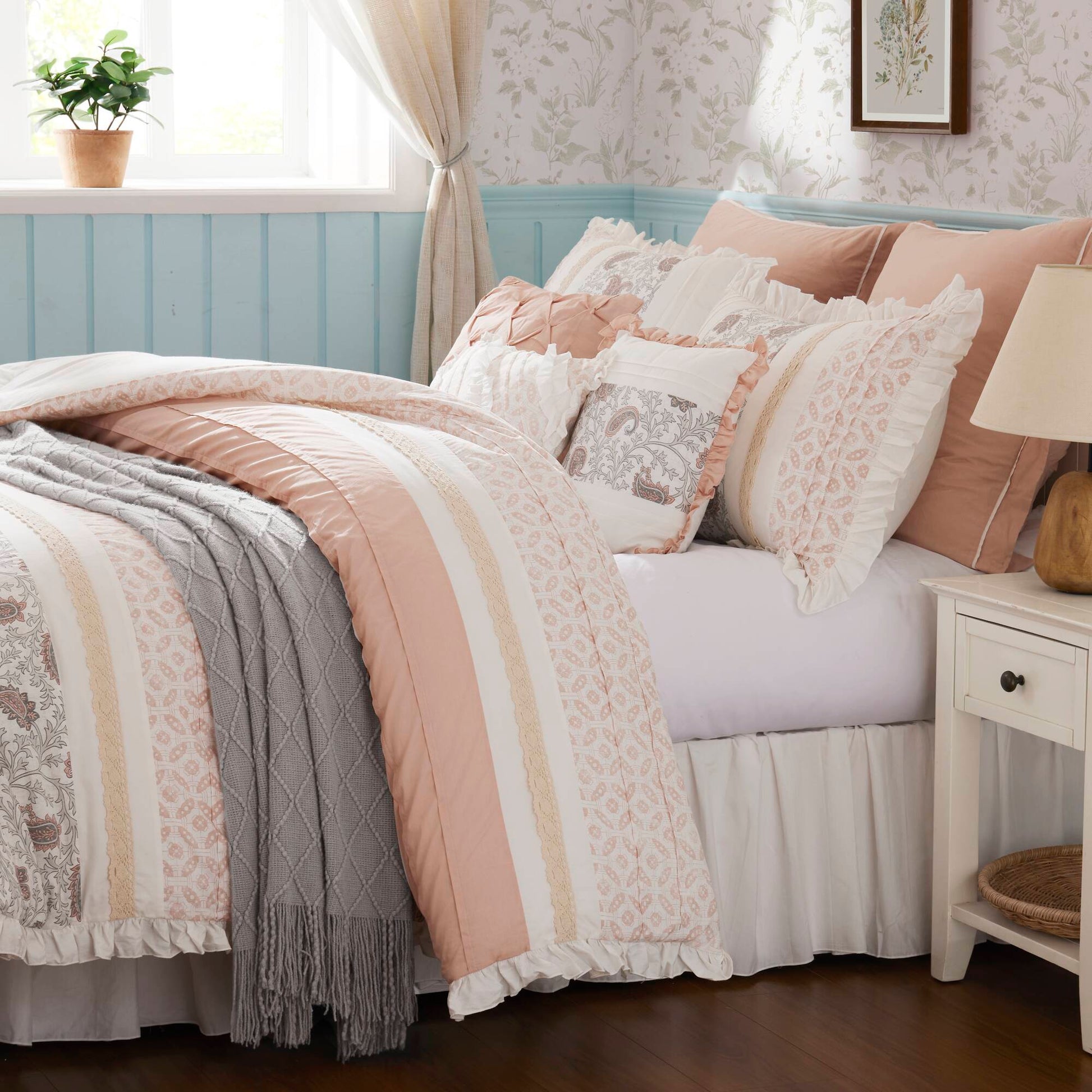 9 Piece Cotton Percale Comforter Set Blush Queen Queen Blush Polyester