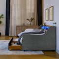 Twin Size Upholstery Sofa Bed With Three Led Lights, With Storage Adjustable Headboard, With Two Storage Pull Up Drawers And Wireless Charging, Linen Padded Sofa Bed Frame, Grey Box Spring Not Required Twin Grey Composite Bedroom Classic Eucalyptus Foam