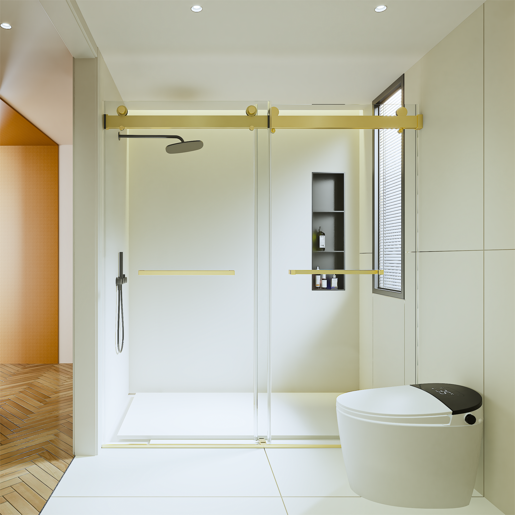 68 72 Inches *76 Inches Frameless Double Sliding Soft Close Shower Door, 3 8 Inches 10Mm Thick Sgcc Tempered Glass Door, Brushed Gold Brushed Gold Glass Metal