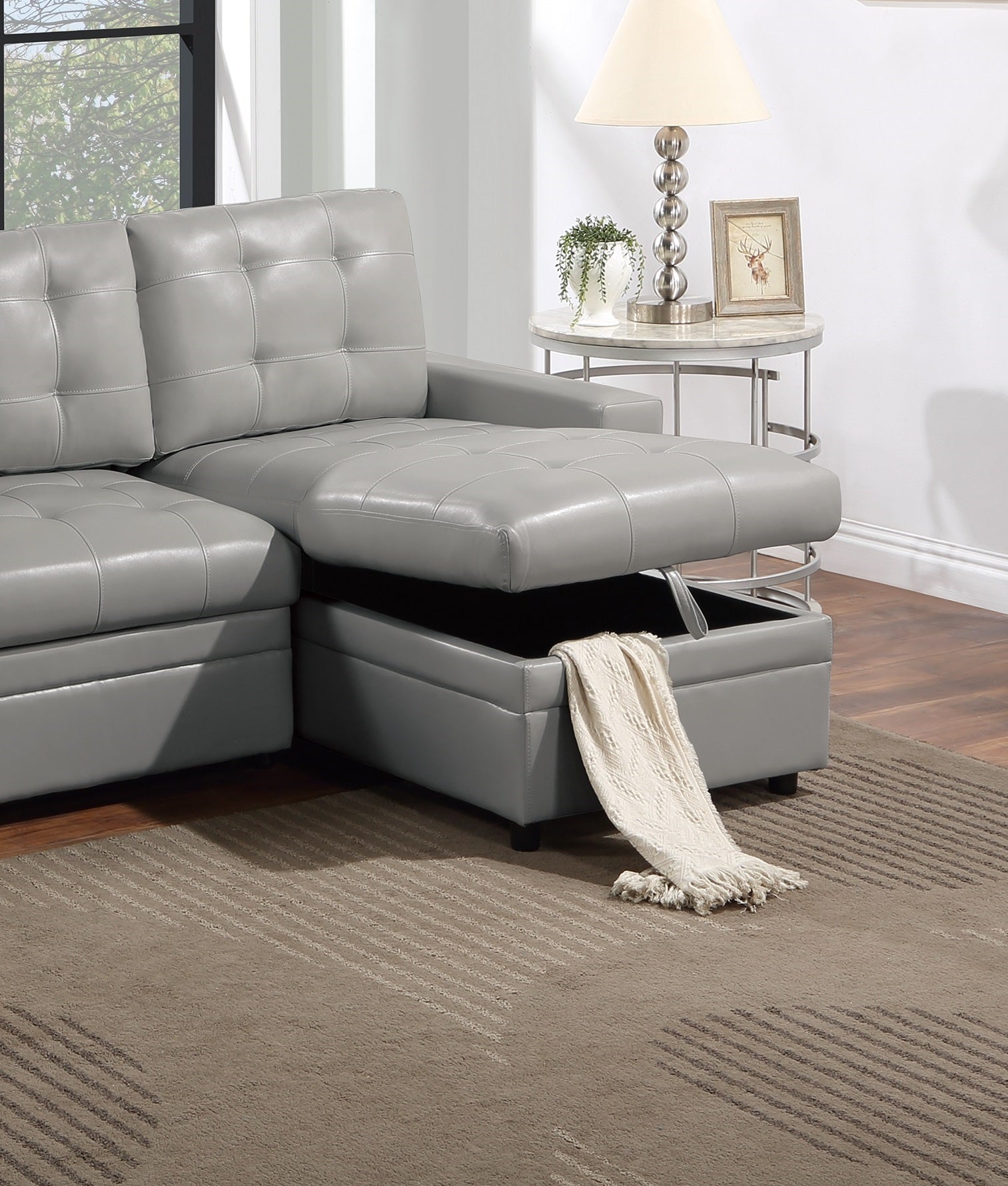 Light Gray Faux Leather Convertible Sectional Sofa Pull Out Bed Couch Storage Chaise Tufted Reversible 2Pc Sectional Living Room Light Gray Primary Living Space Tufted Back Contemporary,Modern L Shaped Square Arms Faux Leather 4 Seat