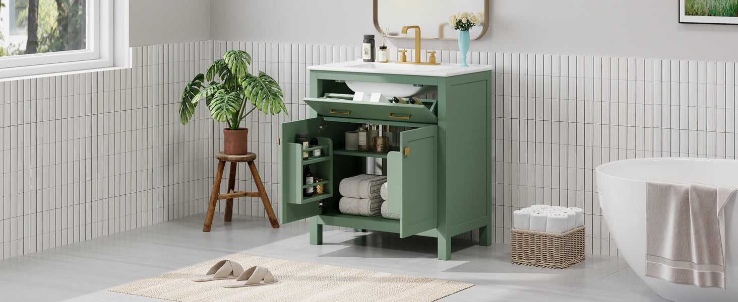 30 Inch Bathroom Vanity With Ceramic Sink, Modern Green Single Bathroom Cabinet With 2 Doors And A Shelf, Soft Close Doors Green Bathroom Solid Wood Mdf