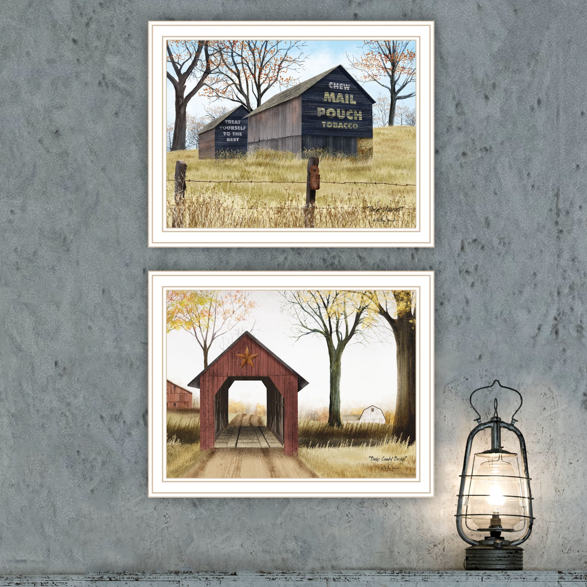 2 Piece Vignette Mail Pouch Barn & Buck County Bridge White Framed Wall Art For Living Room, Bedroom Wall Art Print For Home Decor By Billy Jacobs Multicolor Wood Paper