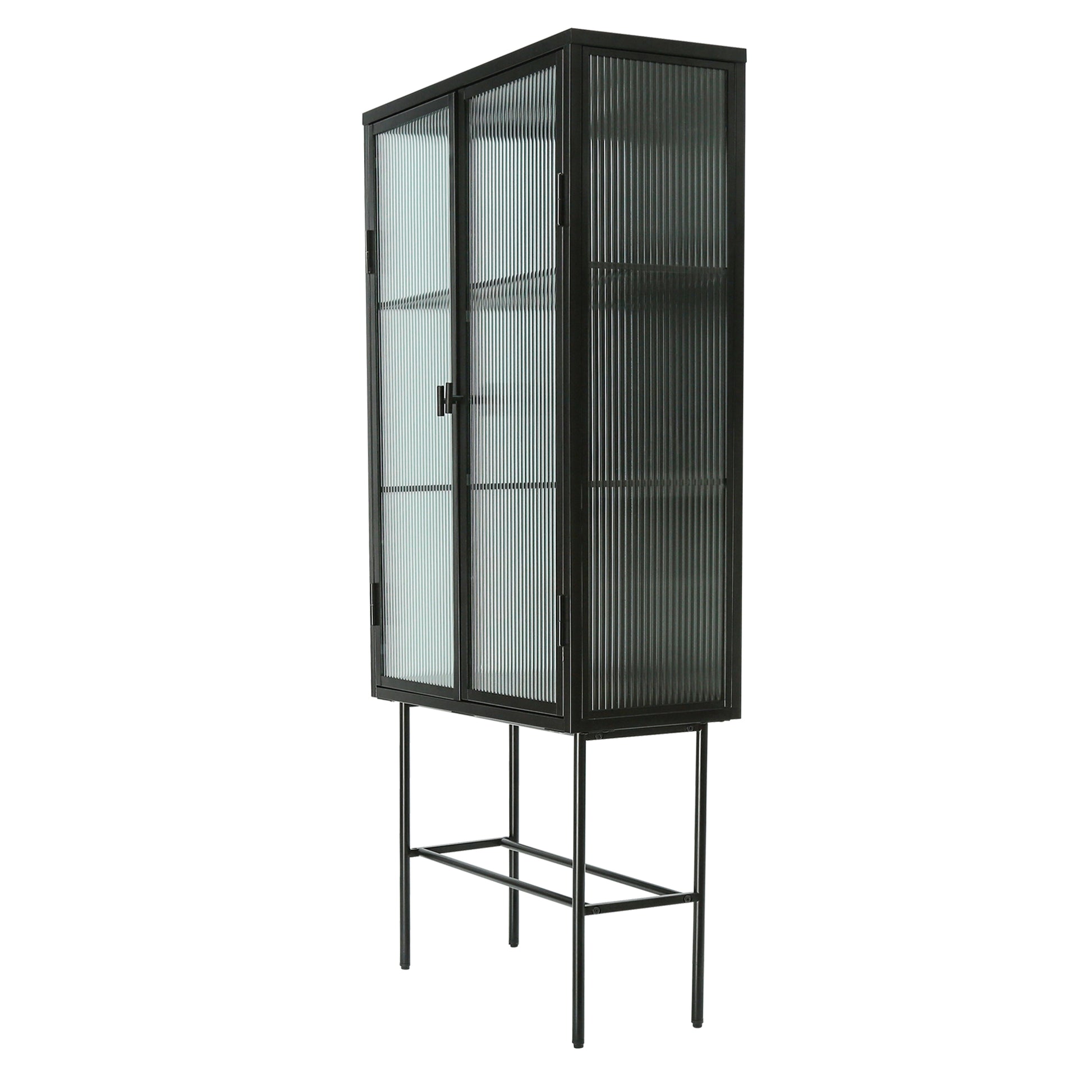 Retro Style Fluted Glass High Cabinet Storage Dual Doors Three Detachable Wide Shelves Enclosed Dust Free Storage For Living Room Bathroom Dining Room Kitchen Room Entryway,Black Old Sku:W68743734 Black Wood