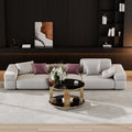 Modern Black Mirror Coffee Table, Asymmetrical Metal, Circular Metal Drum Base, Gold Finish & Lower Shelf Black Tempered Glass