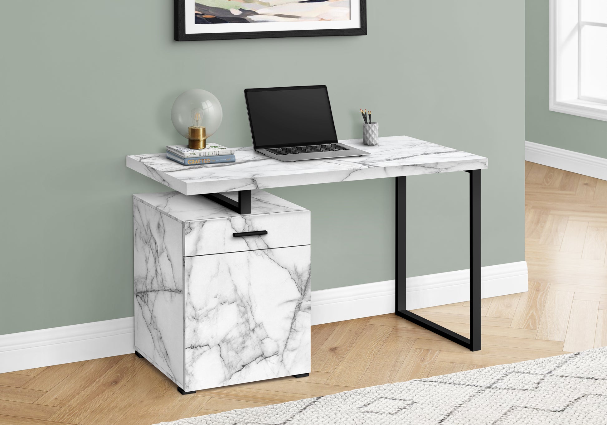 Computer Desk, Home Office, Laptop, Left, Right Set Up, Storage Drawers, 48"L, Work, White Marble Look Laminate, Black Metal, Contemporary, Modern White Particle Board