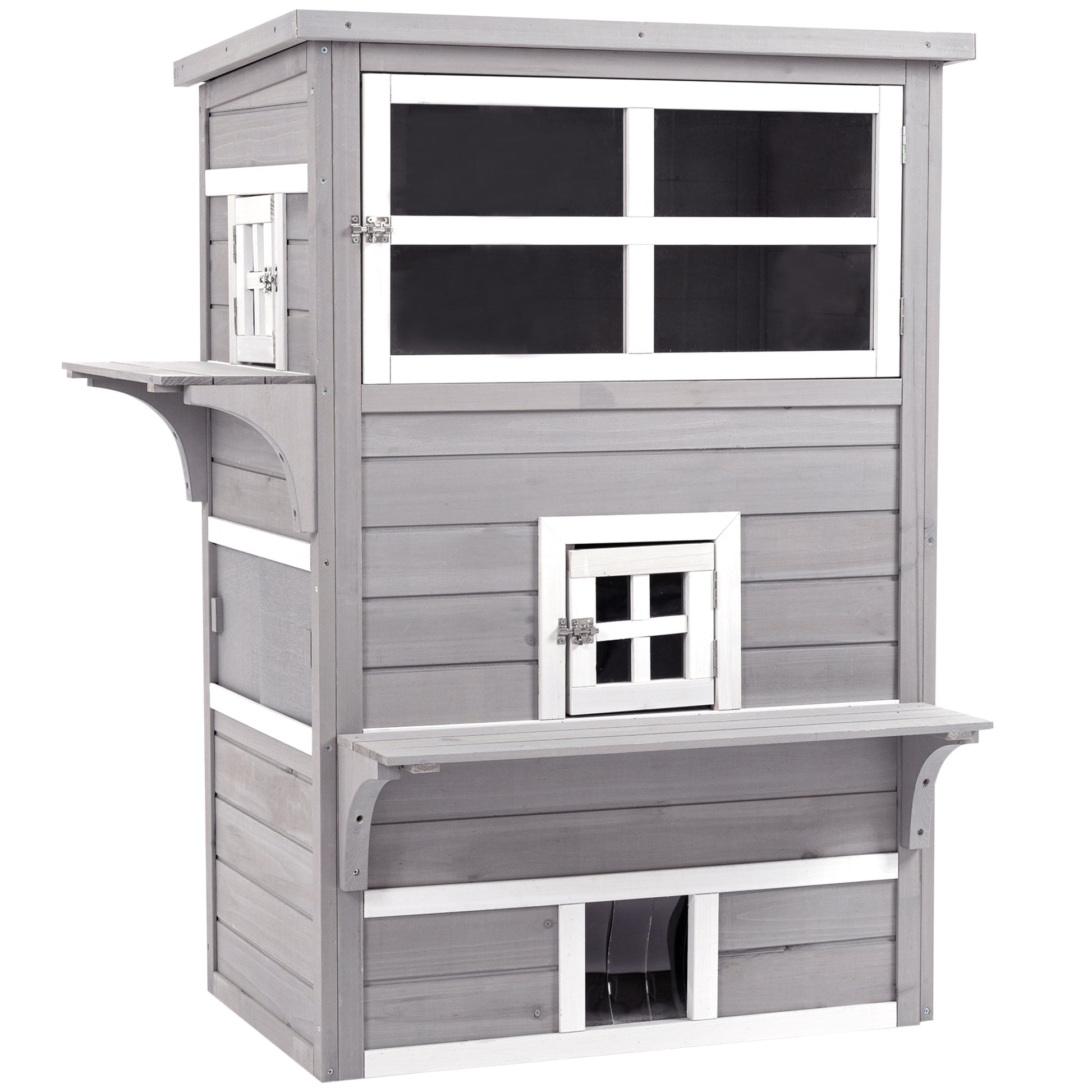 Pawhut 3 Story Cat House Feral Cat Shelter, Outdoor Kitten Condo With Raised Floor, Asphalt Roof, Escape Doors, Jumping Platforms, Grey Grey Wood