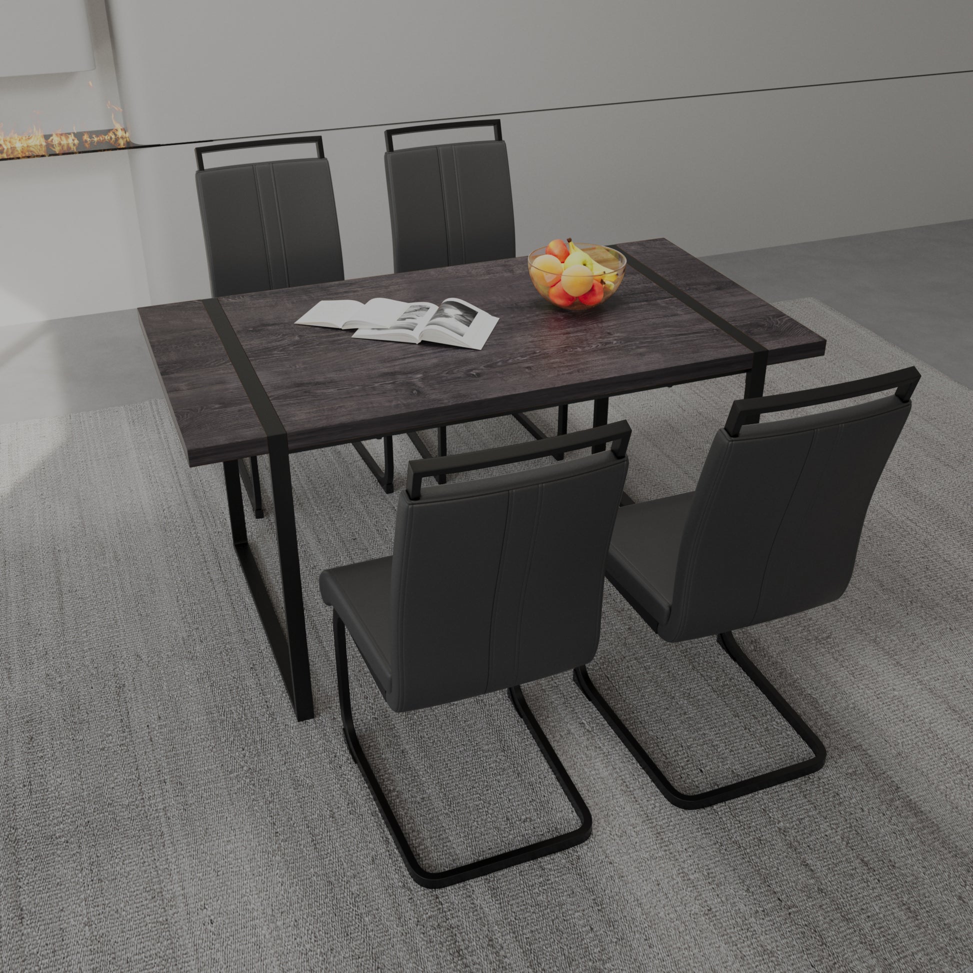 59 "Rural Industrial Rectangular Mdf Black Dining Table Set And Pu Armless Dining Chair Set, 4 Pieces. Kitchen Black Metal Table Leg Dining Chair Set Black Gray Mdf