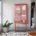 Retro Style Red Tall Freestanding Display Cupboard Stylish Fluted Glass Storage Cabinet With Glass Doors Three Detachable Shelves Bottom Space For Office Dining Room Living Room Old Sku:W68751710 Red Steel