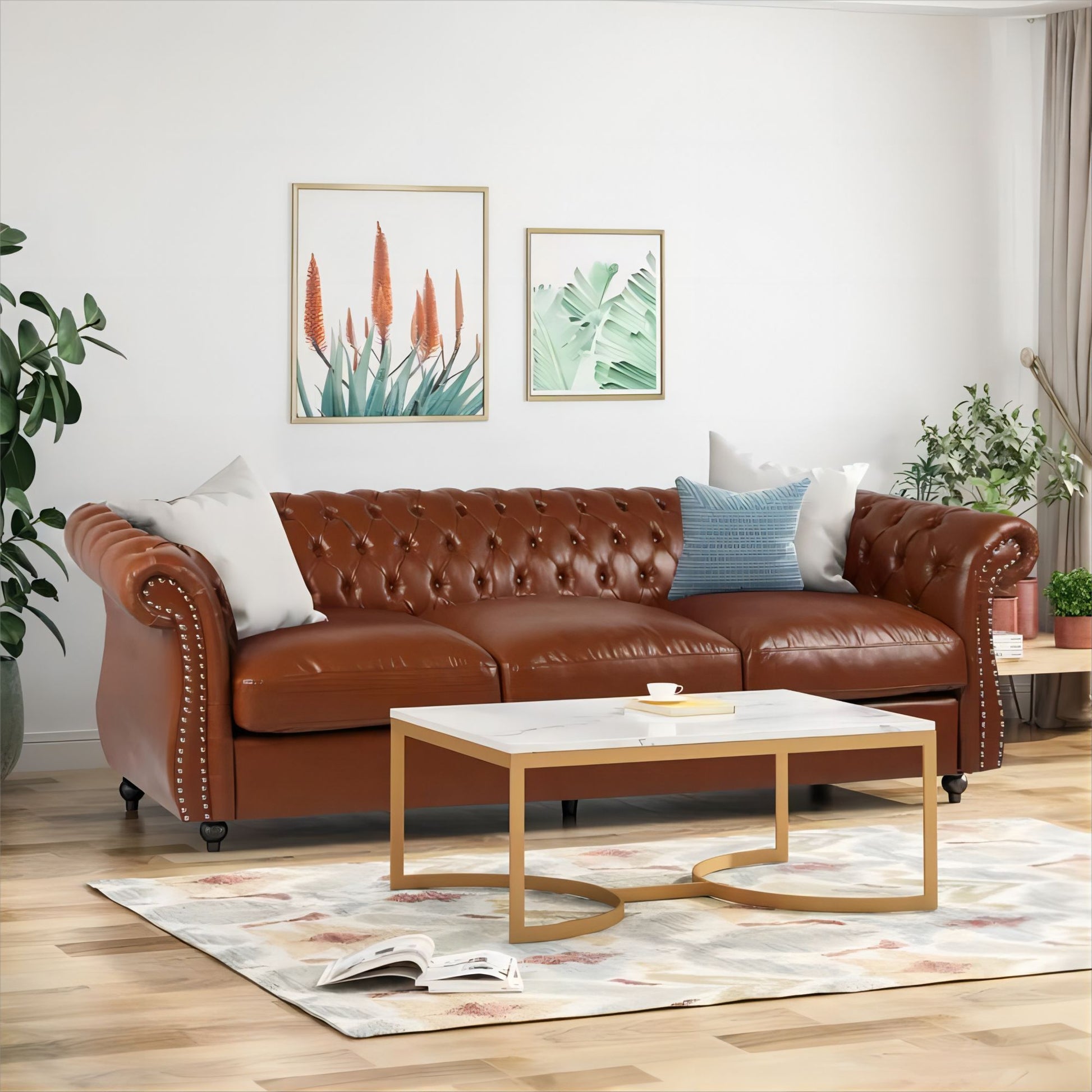 84.50'' Mid Century Cognac Brown 3 Seater Sofa, Pu, Classic Retro Sofa With Rolled Arms Modern, Elegant, And Comfortable Couch, Perfect For Living Room, Office, Bedroom, Primary Living Spaces Cognac Wood Primary Living Space Medium Soft Tight Back Medium