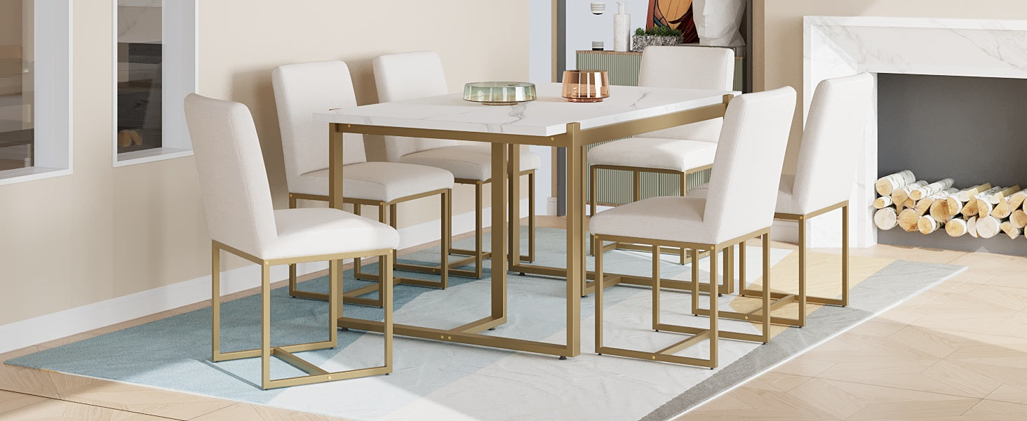 Modern Dining Table Set For 6 Faux Marble Kitchen Table Set With 6 Upholstered Dining Chairs, 7 Piece, White Golden Metal Dining Room Fixed Table Rectangular Dining Table With Chair And Bench Metal