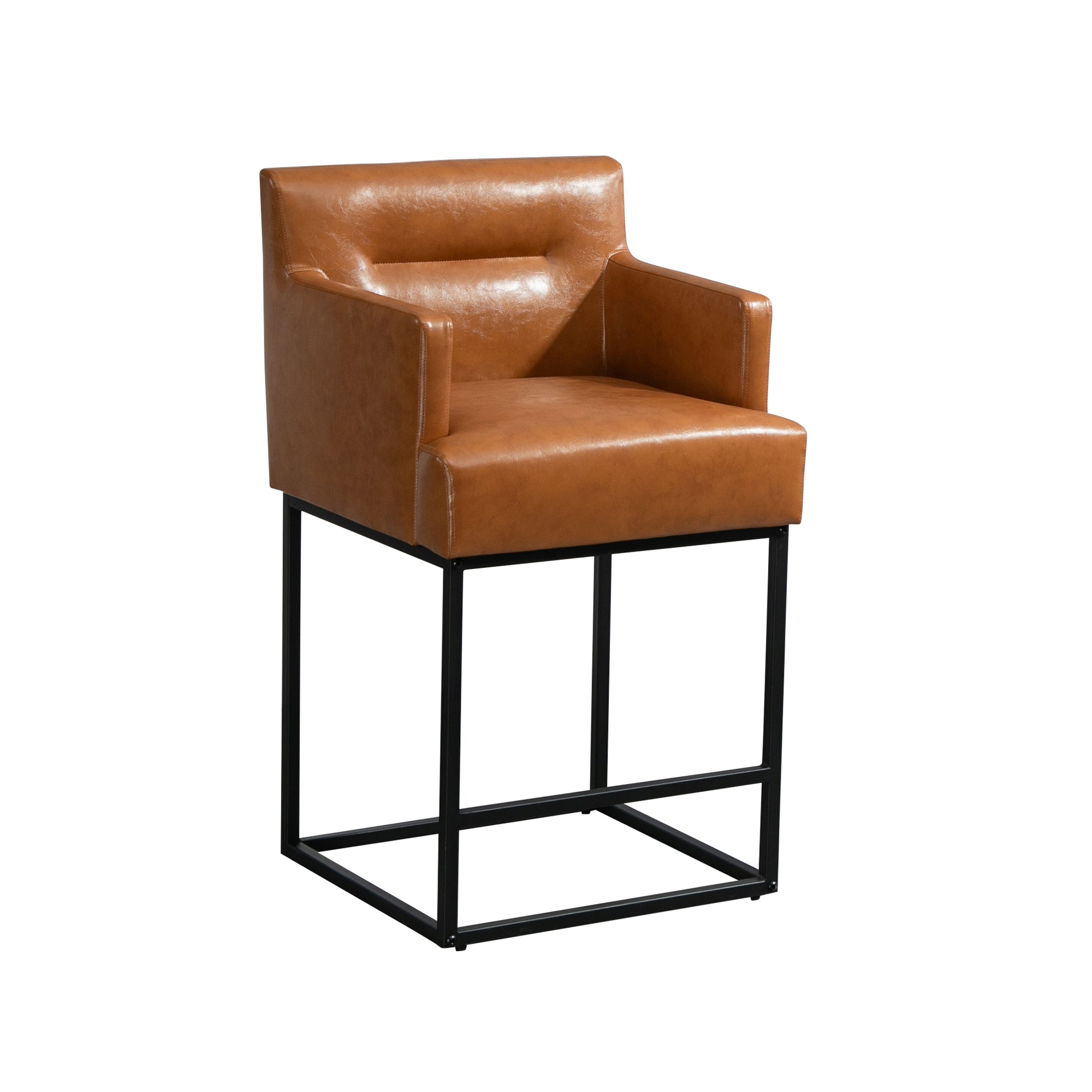 Coolmore Counter Height Bar Stools Set Of 2, Modern Barrel Bar Stool With Backrest And Arms, Black Metal Frames, Upholstered Bar Stools For Kitchen Island, Pub, Club Light Brown Foam Pu Leather
