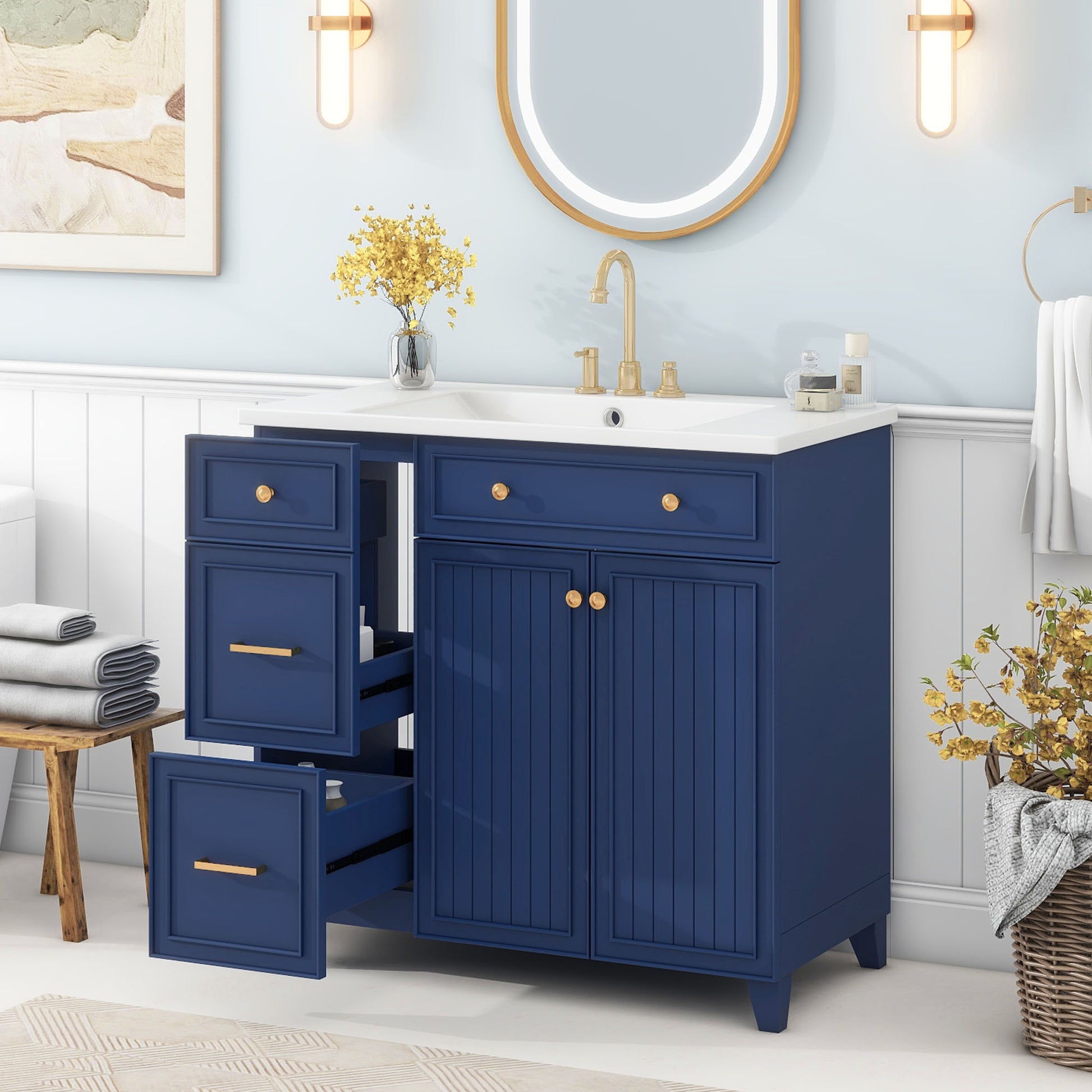 36 Inch Bathroom Vanity, Transitional Style Bathroom Cabinet With Resin Sink, Navy Blue Single Bathroom Cabinet, With 2 Drawers And 1 Adjustable Storage Shelf, 2 Soft Close Doors Navy Blue Solid Wood Mdf Resin