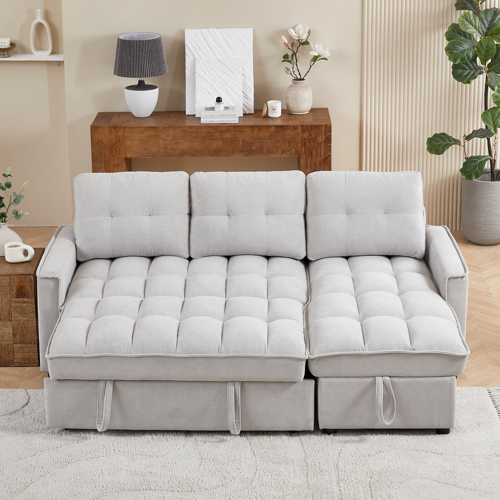 Mh 78.75" Reclining Sofa, Pull Out Sofa Bed With Usb And Tape C Charging Ports, L Shaped Sectional Sofa With Reclining Storage And Arm Side Organizer Pocket Features, Living Room Comfort Sofa Light Grey Chenille Wood Primary Living Space Eucalyptus Foam