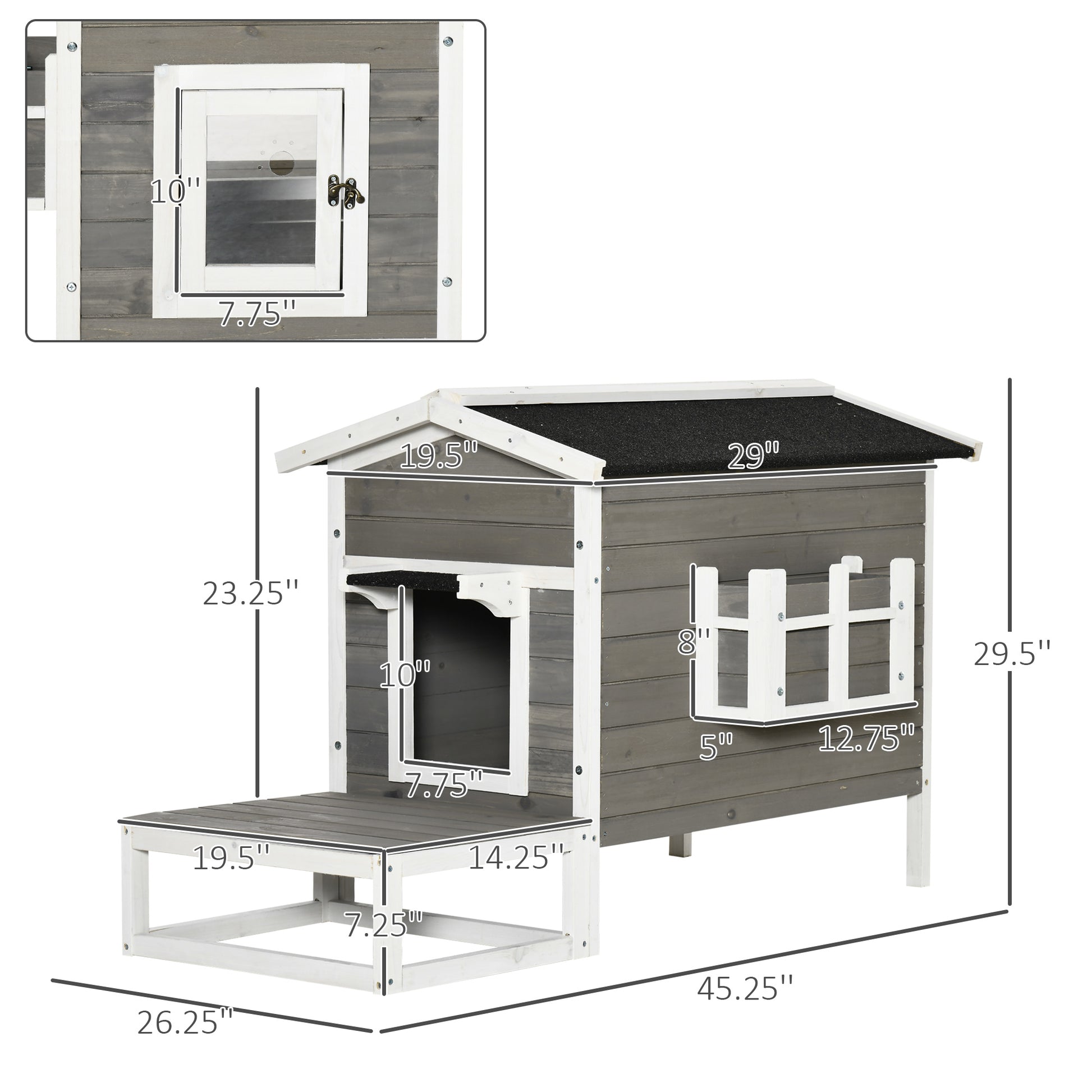 Pawhut Wooden Cat House Outdoor With Door, Weatherproof 2 Floor Cat Shelter With Asphalt Roof, Balcony, Dark Gray Gray Wood