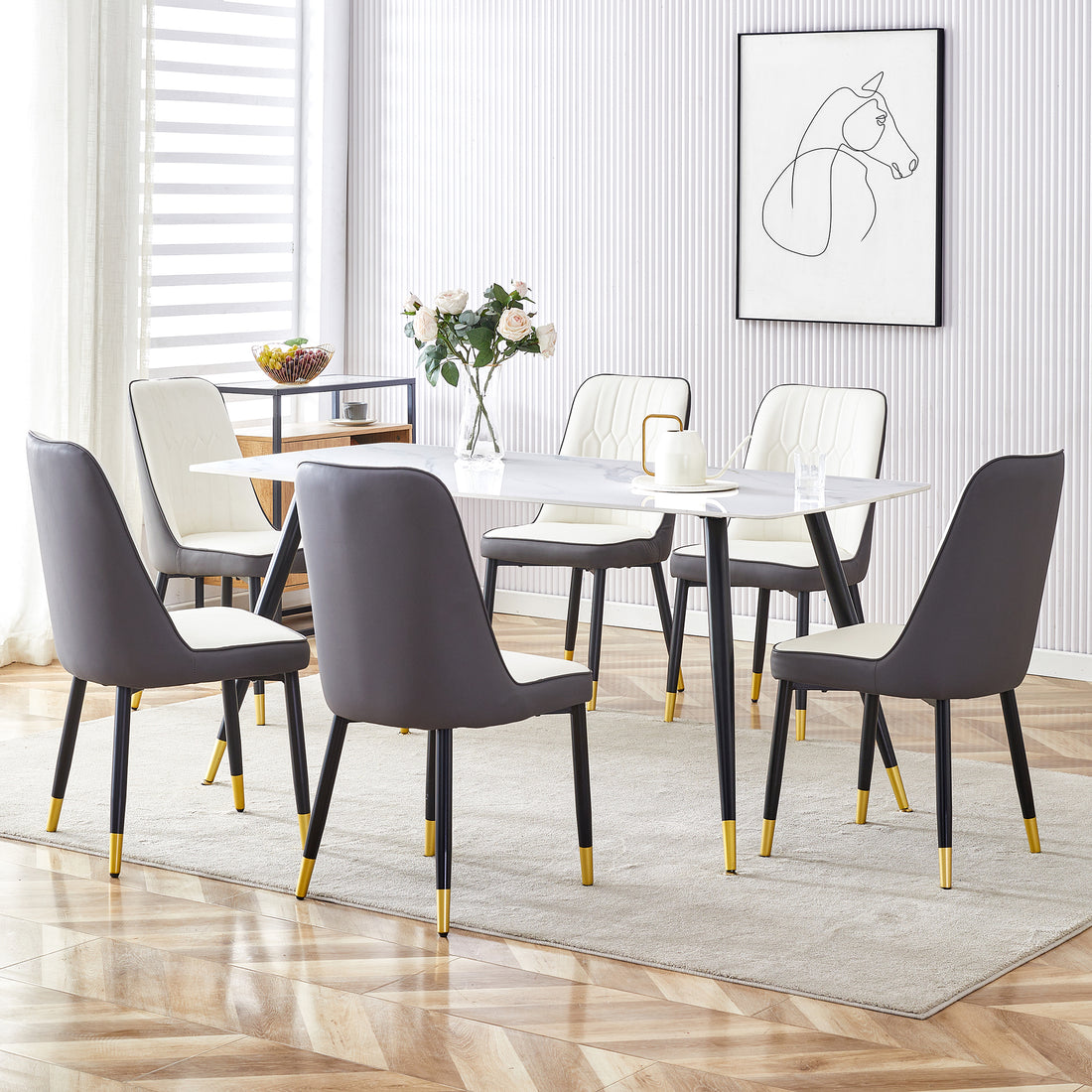 Modern Minimalist Dining Table. White Imitation Marble Pattern Sintered Stone Desktop With Black Metal Legs.Modern Dining Chair With Pu Artificial Leather Backrest Cushion And Black Metal Legs.F 001 Black Gold Sintered Stone