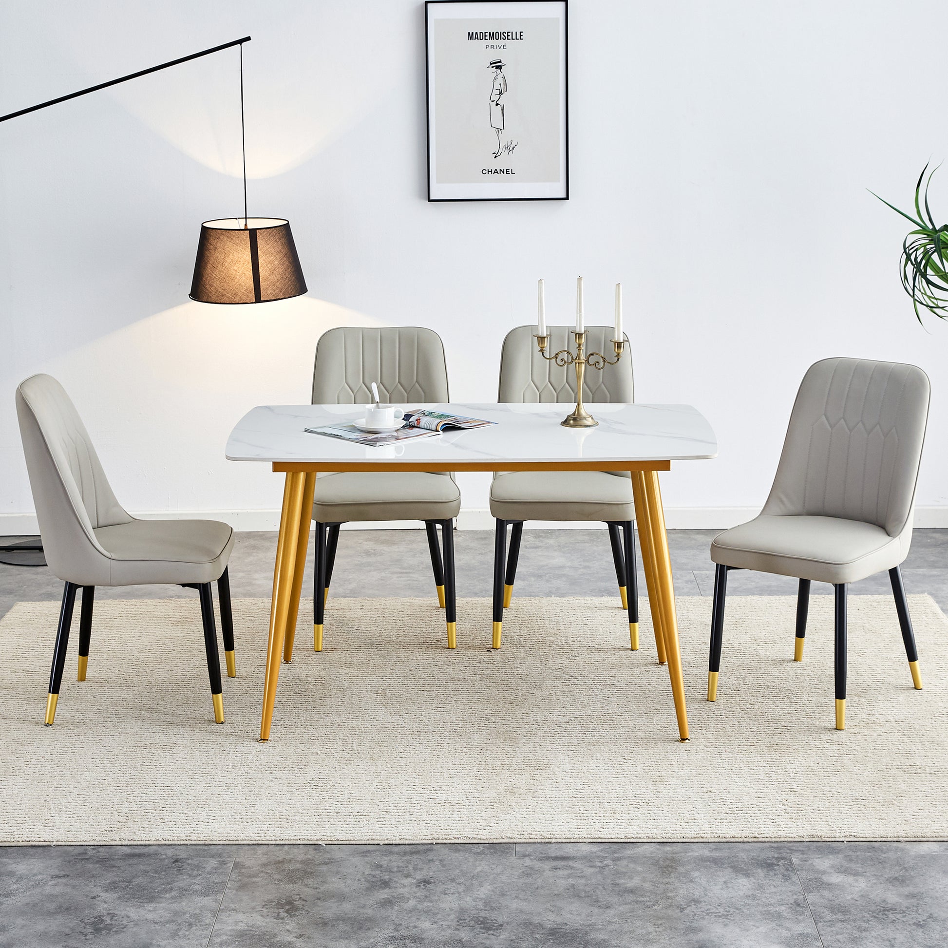 Table And Chair Set.A Morden Table With White Imitation Marble Patterned Stone Burning Tabletop With Golden Metal Legs.Paried With 4 Chairs With Pu Leather Backrest And Black Metal Legs. Light Gray,White Gold Seats 4 Metal,Sintered Stone