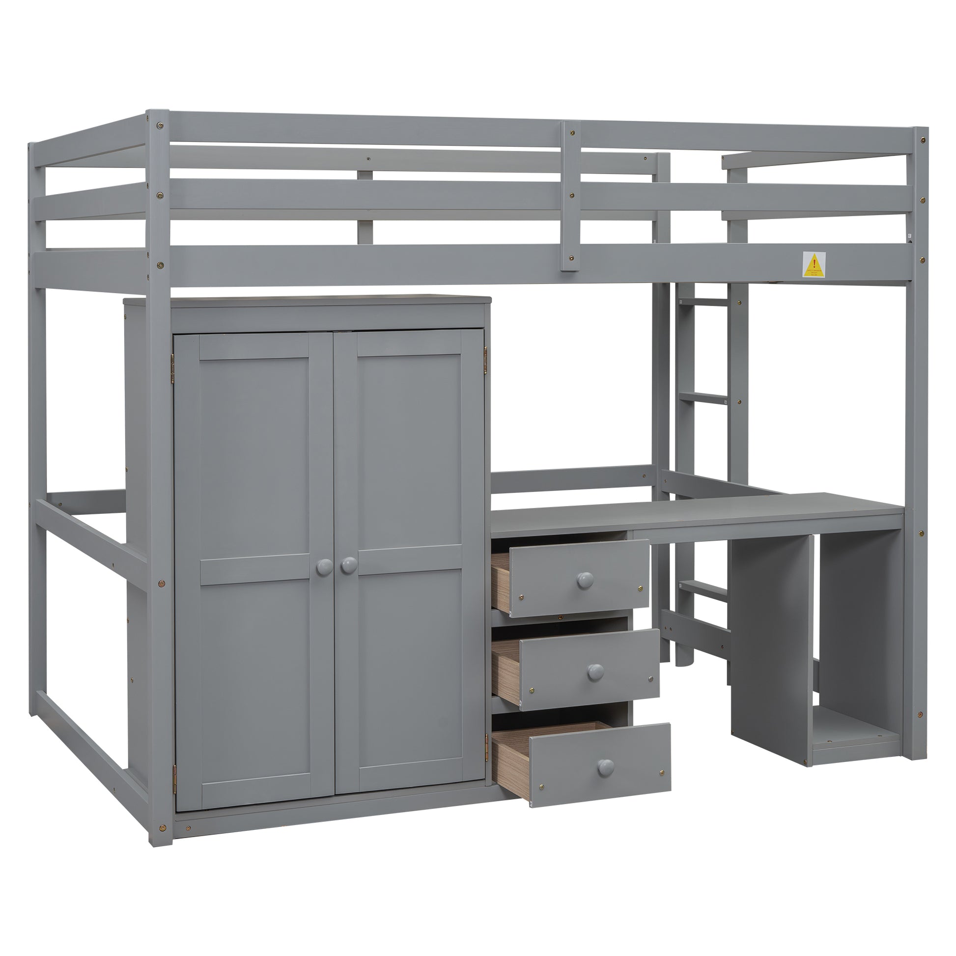 Full Size Loft Bed With Wardrobe, Desk And Storage Drawers, Gray Full Gray Pine