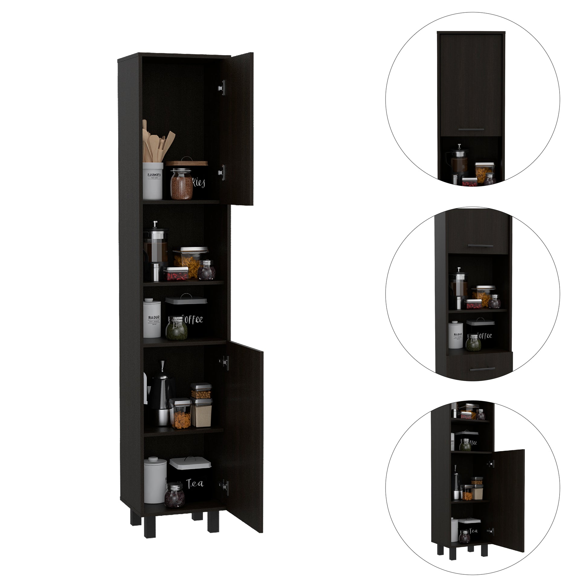 Sheffield 2 Door Pantry Cabinet, With Two 2 Cabinet Spaces And Two Open Shelves Black Kitchen Contemporary Pine Particle Board Cabinets Included Engineered Wood