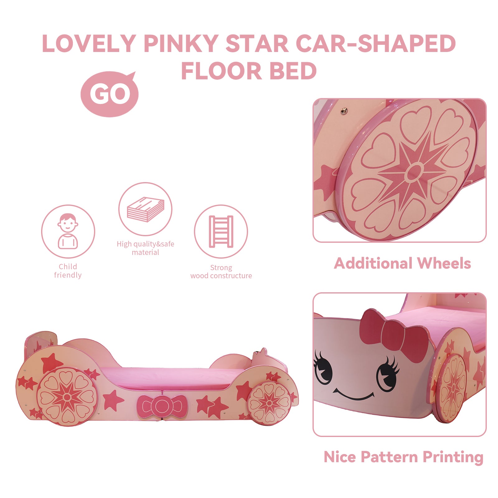 Little Star Cartoon Car Bed Twin Pink Mdf