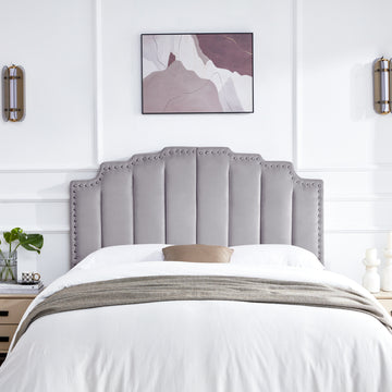 Mid Century Headboard For Queen Size Bed, Velvet Upholstered Tufted Bed Headboard With Decor, Adjustable Curved Solid Wood Head Board Vertical Channel Design Medium Grey Queen Grey Bedroom Modern Rubberwood Bed Frame Velvet Rubber Wood