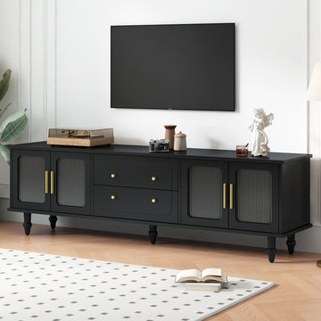 Retro Design Tv Stand With Fluted Glass Doors For Tvs Up To 78'', Practical Media Console With 2 Drawers And Cabinets, Elegant Entertainment Center For Living Room, Black Black Primary Living Space 70 79 Inches 70 79 Inches Particle Board