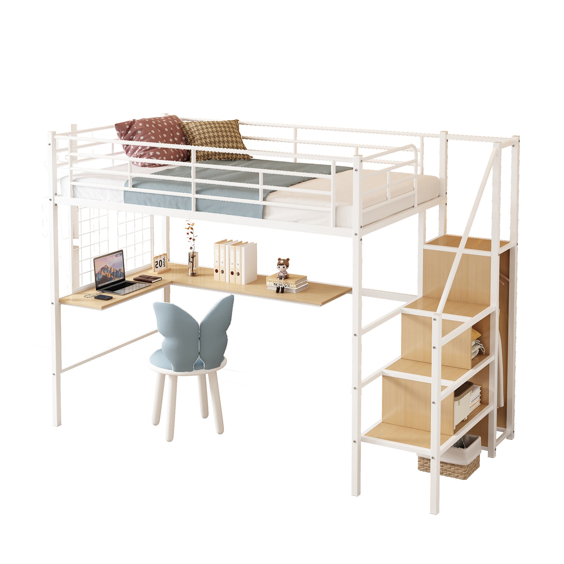 Twin Loft Bed With Desk And Storage Wardrobe, Heavy Duty Loft Bed With Stairs And Metal Grid, Twin Size Loft Bed, No Box Spring Needed, White Loft Bed Twin Size White Box Spring Not Required Twin