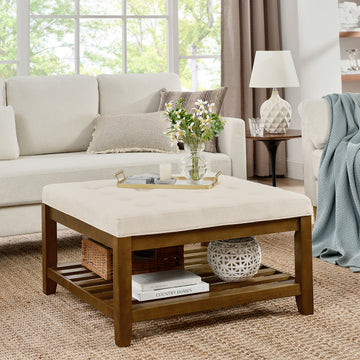 Upholstered Coffee Table Tufted Linen Large Square Ottoman With Beech Wood Shelf And Frame, Oversized Footrest Ottoman For Living Room,Office,Bedroom,Outdoor Ivory Ivory Light Brown Primary Living Space Classic Beech Polyurethane Foam Linen