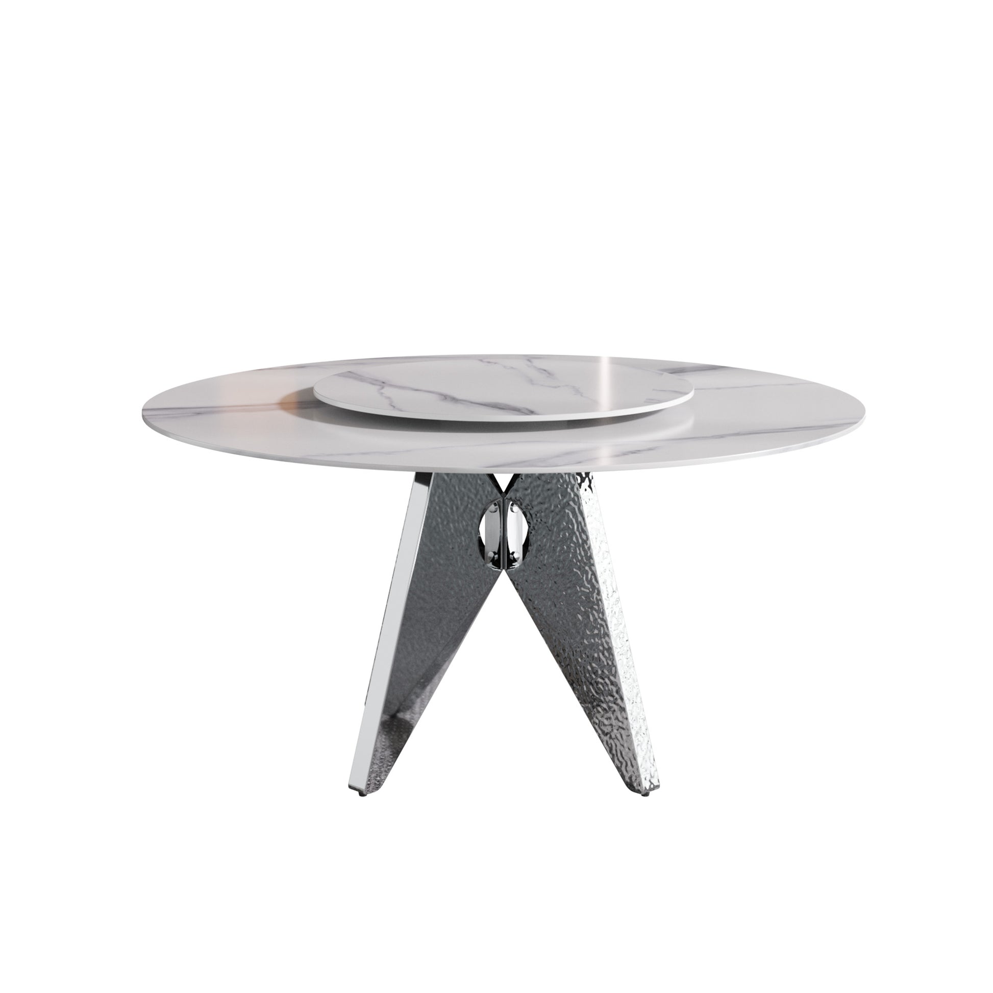 59.05" Round Marble Dining Table With Silver Stainless Steel Design Base, Artificial Marble For 6 8 People, 31.5"White Artificial Stone Turntable,White Dining Table Only Silver,White Dining Room