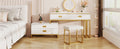 Modern Style Vanity Table With Movable Side Cabinet And 4 Drawers, Large Size Dressing Table With Mirror And 3 Colors Led Light, Makeup Table With Stool, White, Lden Legs Gold White 4 Drawers Mdf Metal