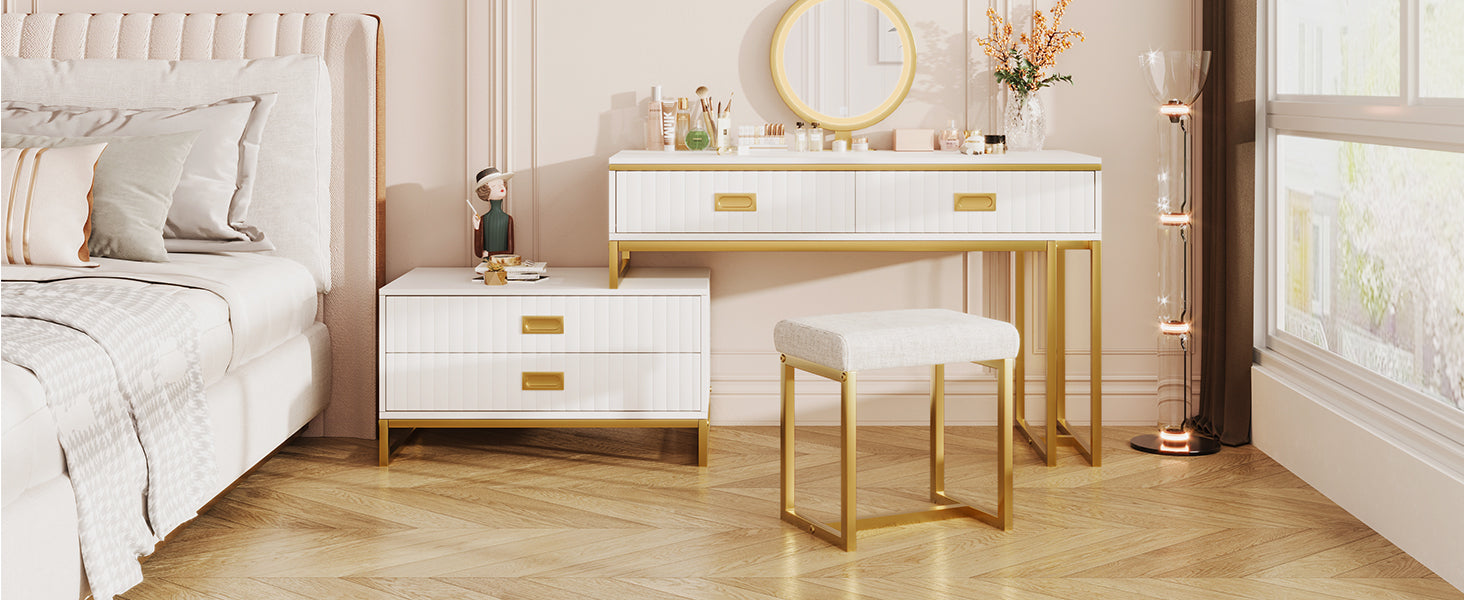 Modern Style Vanity Table With Movable Side Cabinet And 4 Drawers, Large Size Dressing Table With Mirror And 3 Colors Led Light, Makeup Table With Stool, White, Lden Legs Gold White 4 Drawers Mdf Metal